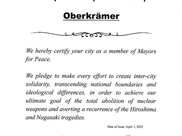 Mayors for Peace – Zertifikat der Mitgliedschaft