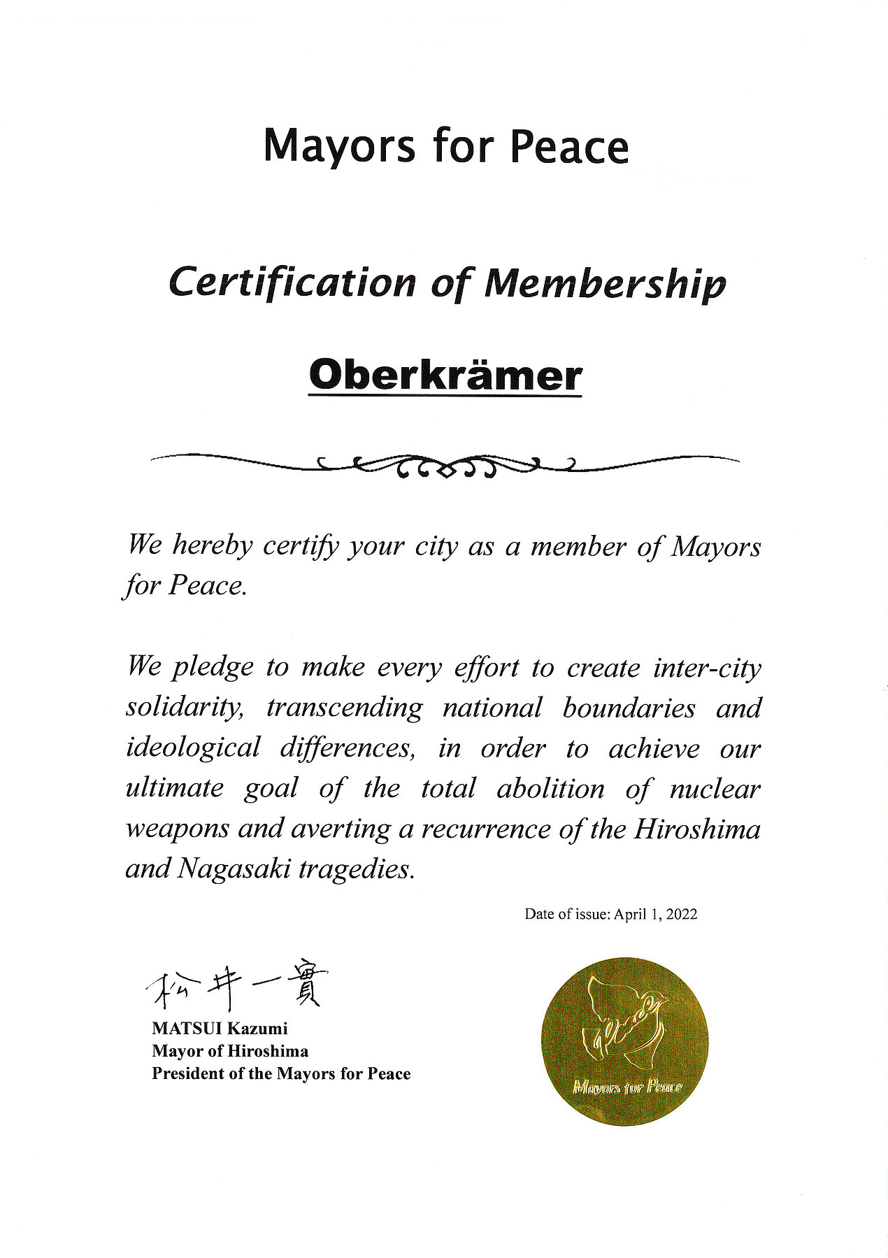 Mayors for Peace – Zertifikat der Mitgliedschaft