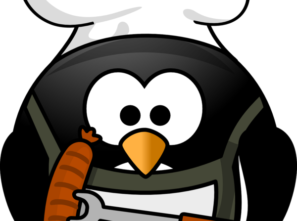 Pinguin mit Kochmütze und Bratwurst in der Hand