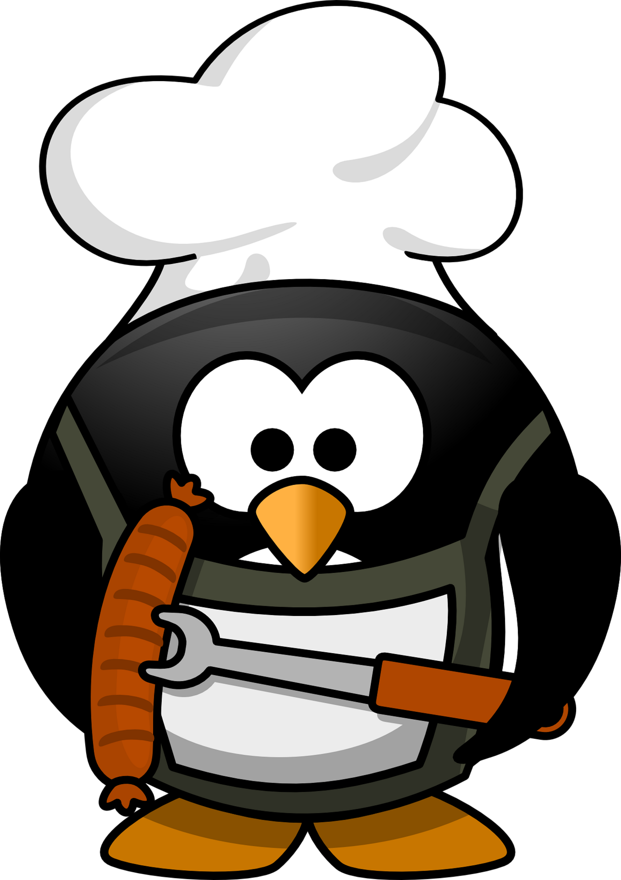 Pinguin mit Kochmütze und Bratwurst in der Hand
